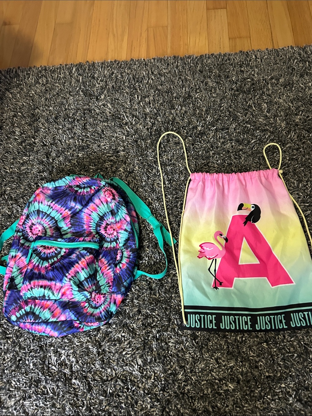 Justice Pink Ombre Initial Drawstring Bag with Tie-Dye Blue-Purple Backpack